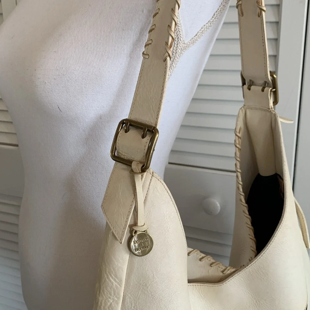Dooney & Bourke Ivory Leather Whipstitched Large Hobo Shoulder Bag Made in Italy